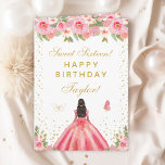 Pink Floral Dark Skin Girl Sweet Sixteen Card<br><div class="desc">This elegant and glamourous sweet sixteen birthday card can be personalised with a name or title such as daughter, granddaughter, niece, friend etc. The design features a beautiful princess with dark hair and dark skin in a pink ball gown. The text combines handwritten script and modern sans serif fonts for...</div>