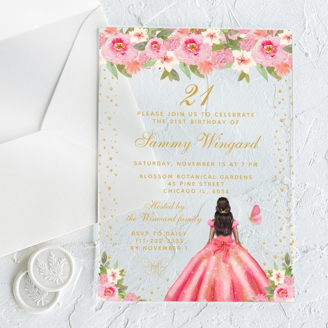 Pink Floral Dark Skin Princess Birthday Party Acrylic Invitations (Creator Uploaded)