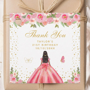 Pink Floral Dark Skin Princess Birthday Party Favour Tags