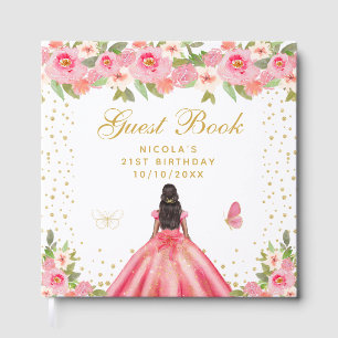 Pink Floral Dark Skin Princess Birthday Party Guest Book