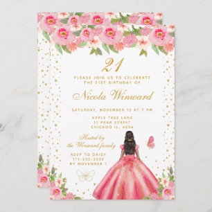 Pink Floral Dark Skin Princess Birthday Party Invitation