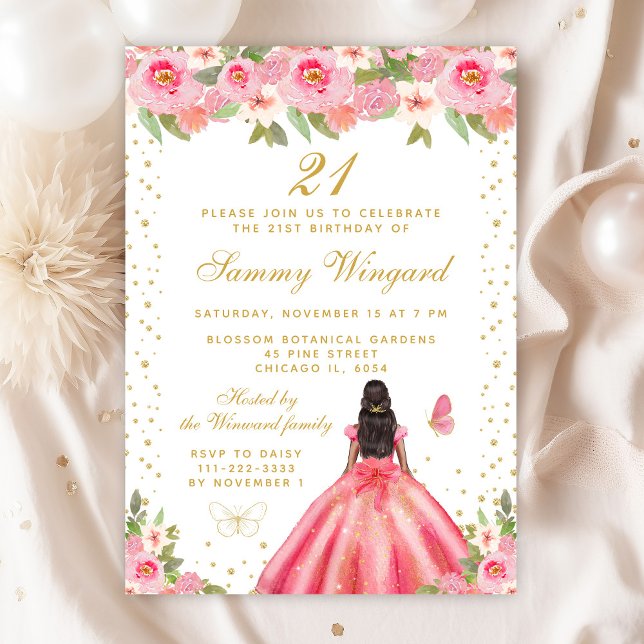 Pink Floral Dark Skin Princess Birthday Party Invitation (Creator Uploaded)