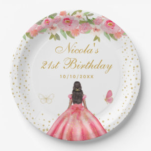 Pink Floral Dark Skin Princess Birthday Party Paper Plate