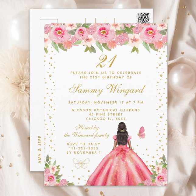 Pink Floral Dark Skin Princess Birthday Party Postcard (Creator Uploaded)