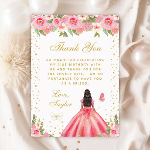 Pink Floral Dark Skin Princess Birthday Party Thank You Card