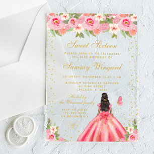 Pink Floral Dark Skin Princess Sweet Sixteen Acrylic Invitations
