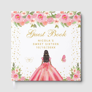 Pink Floral Dark Skin Princess Sweet Sixteen Guest Book