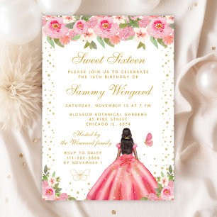 Pink Floral Dark Skin Princess Sweet Sixteen Invitation