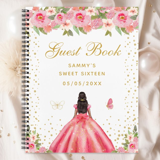 Pink Floral Dark Skin Princess Sweet Sixteen Notebook (Creator Uploaded)