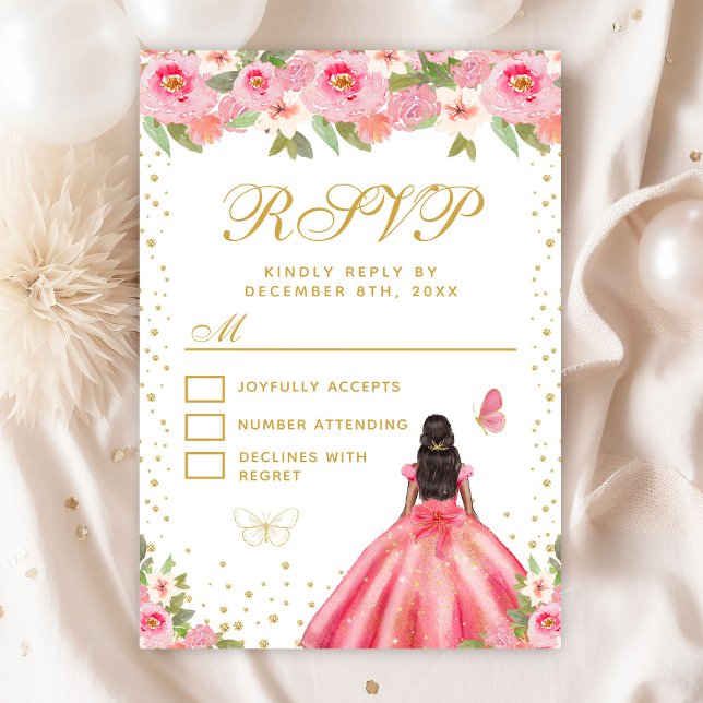 Pink Floral Dark Skin Princess Sweet Sixteen RSVP Card (Creator Uploaded)