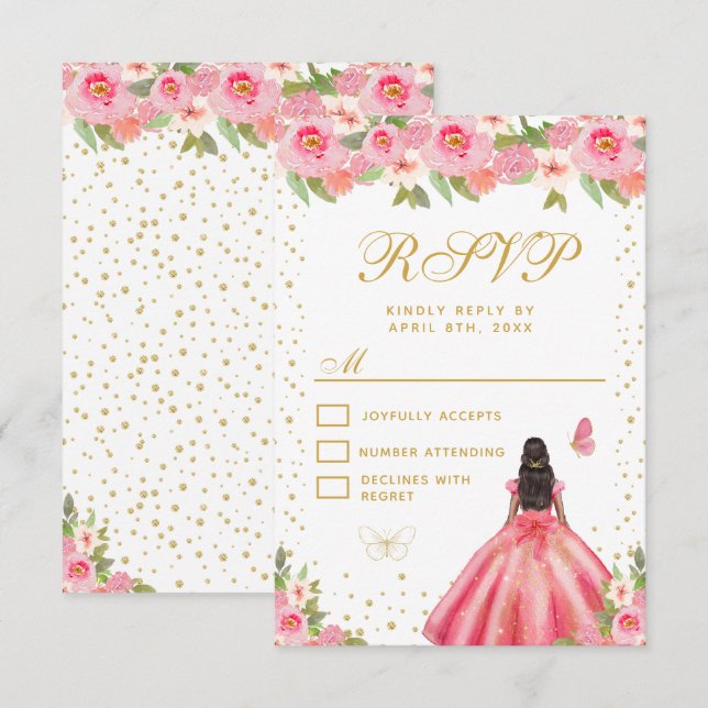 Pink Floral Dark Skin Princess Sweet Sixteen RSVP Card (Front/Back)