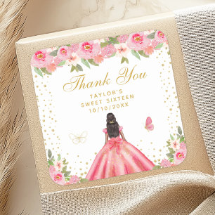 Pink Floral Dark Skin Princess Sweet Sixteen Square Sticker