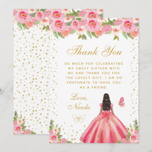 Pink Floral Dark Skin Princess Sweet Sixteen Thank You Card