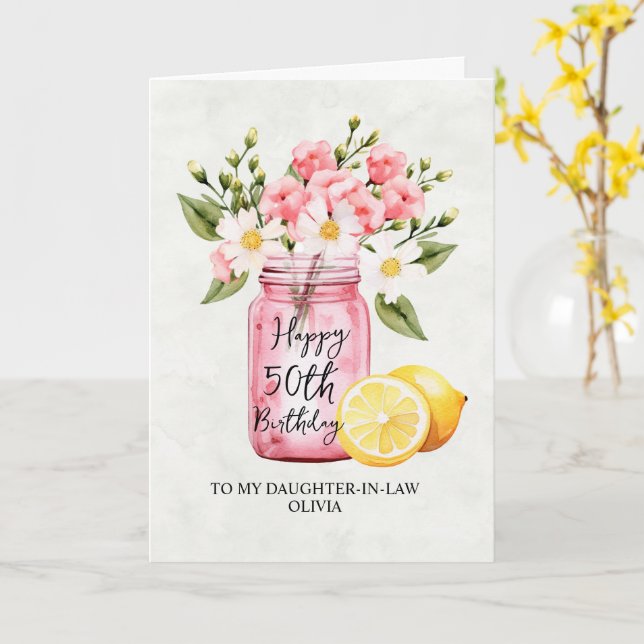 Pink Floral Daughter In Law 50th Birthday Card (Yellow Flower)