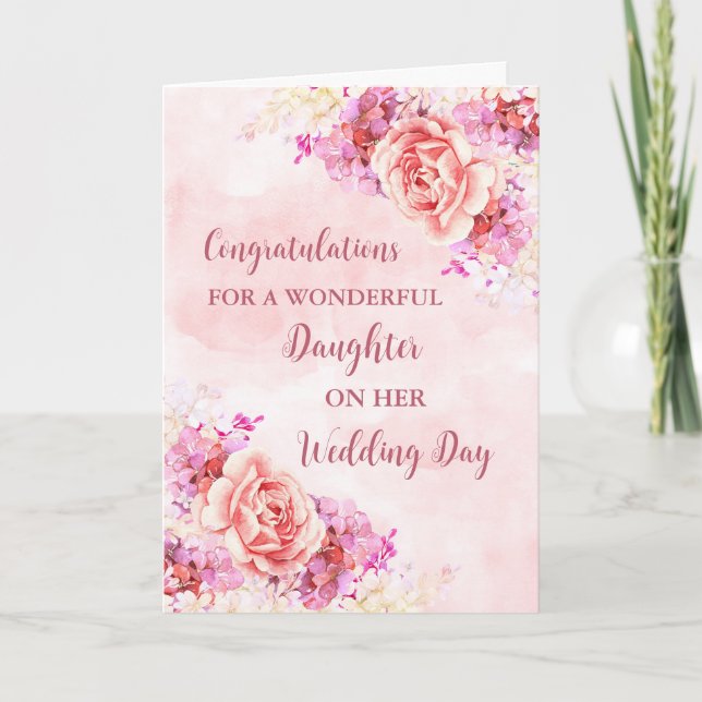 Pink Floral Daughter Wedding Day Congratulations Card (Front)