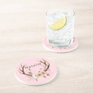 Pink Floral Deer Antlers Personalised Coaster