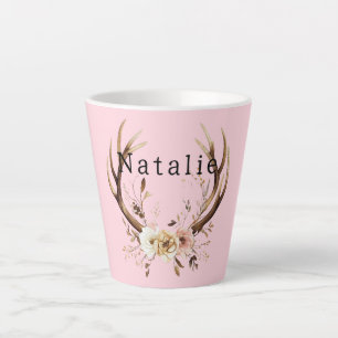 Pink Floral Deer Antlers Personalised Latte Mug