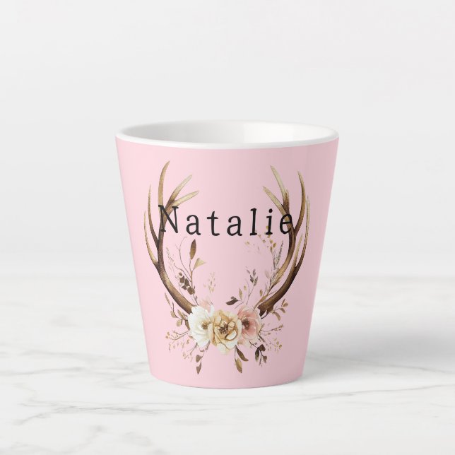 Pink Floral Deer Antlers Personalised Latte Mug (Front)