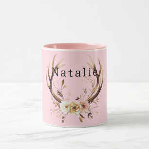 Pink Floral Deer Antlers Personalised Mug