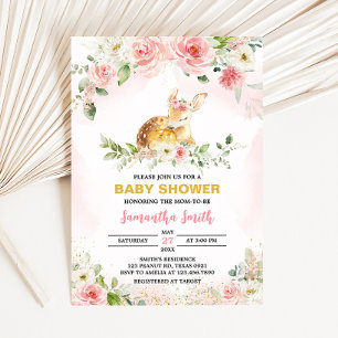 Pink Floral Deer Baby Shower  Invitation