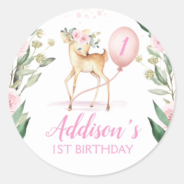 Pink Floral Deer Birthday Favour Sticker (Front)