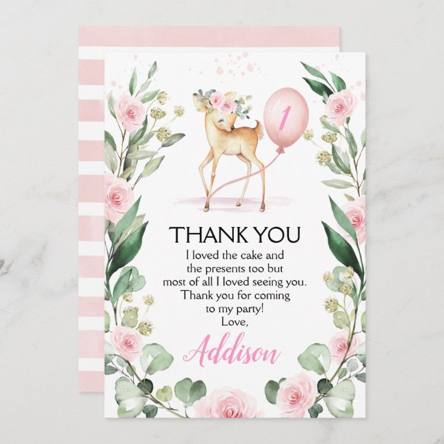 Pink Floral Deer Birthday Thank You Card (Front/Back)