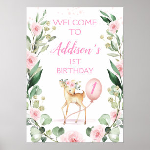 Pink Floral Deer Birthday Welcome Poster