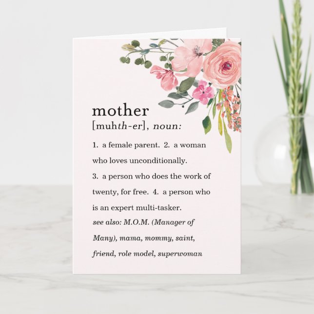 Pink Floral Definition of a Mother, Mother's Day Card (Front)