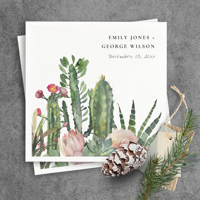 PINK FLORAL DESERT CACTI FAUNA WATERCOLOR WEDDING NAPKIN (Creator Uploaded)