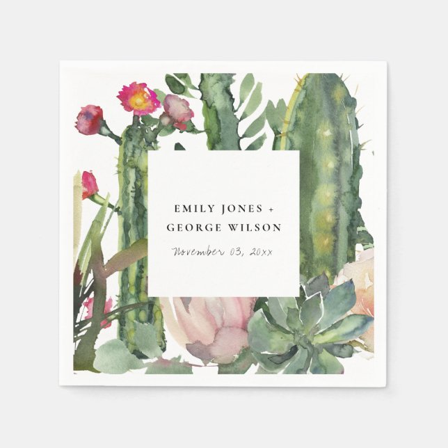 PINK FLORAL DESERT CACTI FAUNA WATERCOLOR WEDDING NAPKIN (Front)