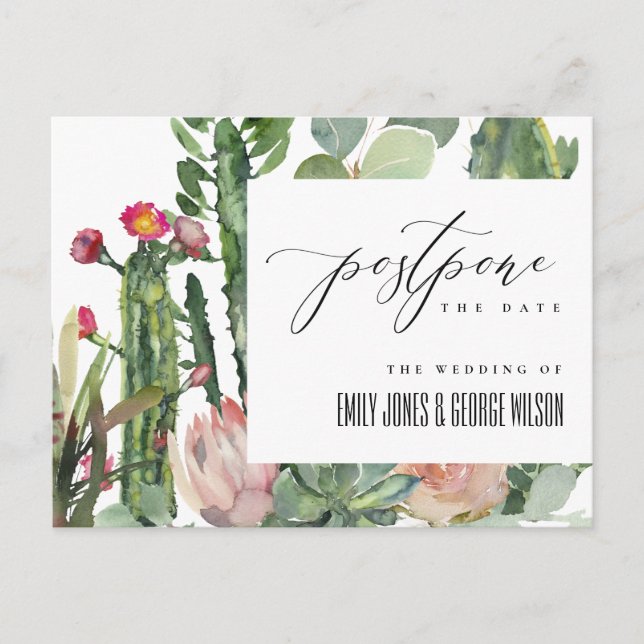 PINK FLORAL DESERT CACTI FOLIAGE POSTPONE DATE ANNOUNCEMENT POSTCARD (Front)
