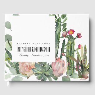 PINK FLORAL DESERT CACTI FOLIAGE  WATERCOLOR GUEST BOOK