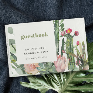 PINK FLORAL DESERT CACTI FOLIAGE  WATERCOLOR GUEST BOOK