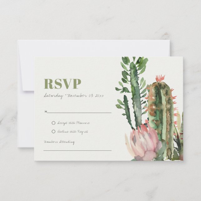 PINK FLORAL DESERT CACTI FOLIAGE WATERCOLOR RSVP CARD (Front)