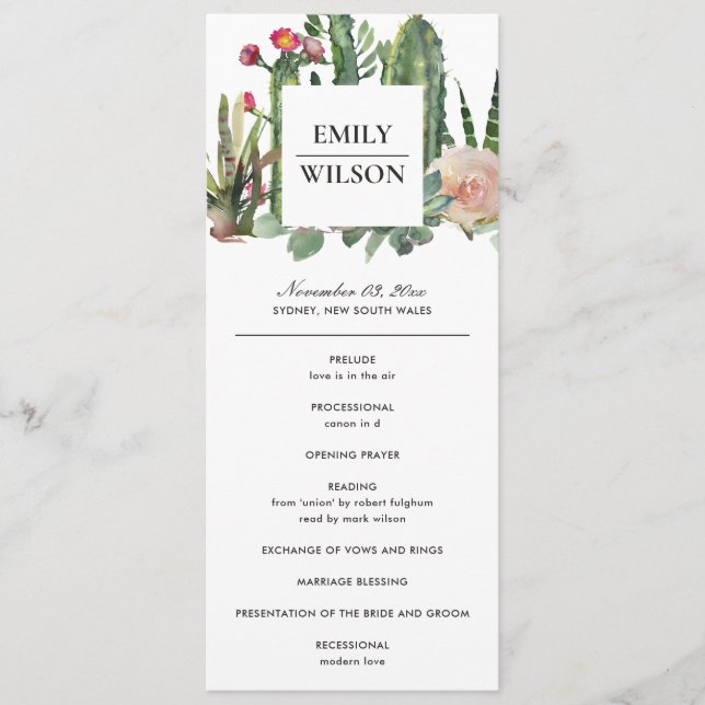 PINK FLORAL DESERT CACTI  WEDDING CEREMONY PROGRAM MENU (Front)