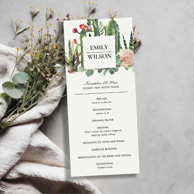 PINK FLORAL DESERT CACTI  WEDDING CEREMONY PROGRAM MENU (Creator Uploaded)