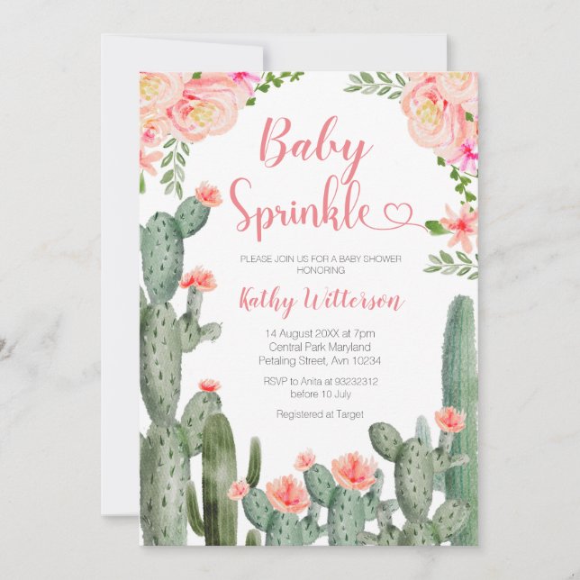 Pink Floral Desert Cactus Succulent Baby Sprinkle Invitation (Front)