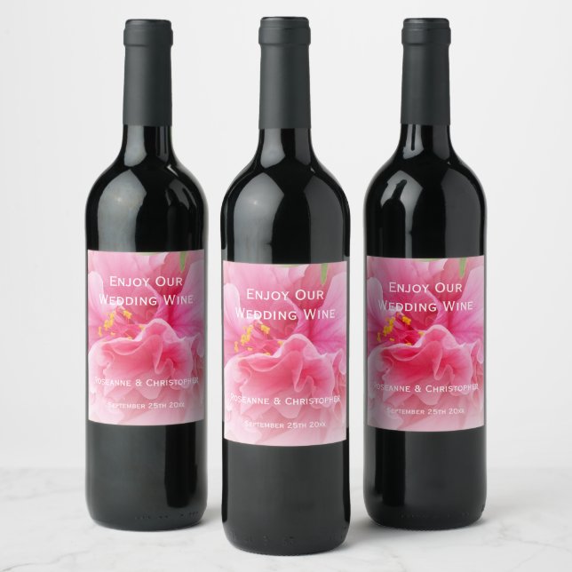 Pink Floral Design Wedding Wine Label (Bottles)