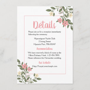 Pink Floral Details Directions Wedding Flowers Enclosure Card