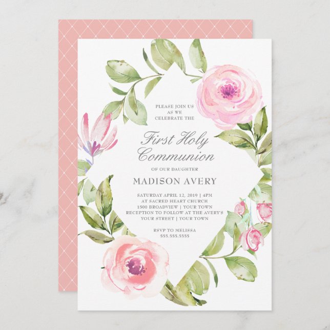 Pink Floral Diamond First Holy Communion Invitation (Front/Back)