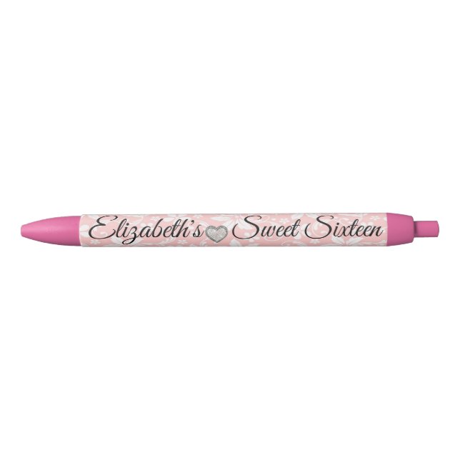 Pink Floral Diamond Heart Party Favour Black Ink Pen (Front)