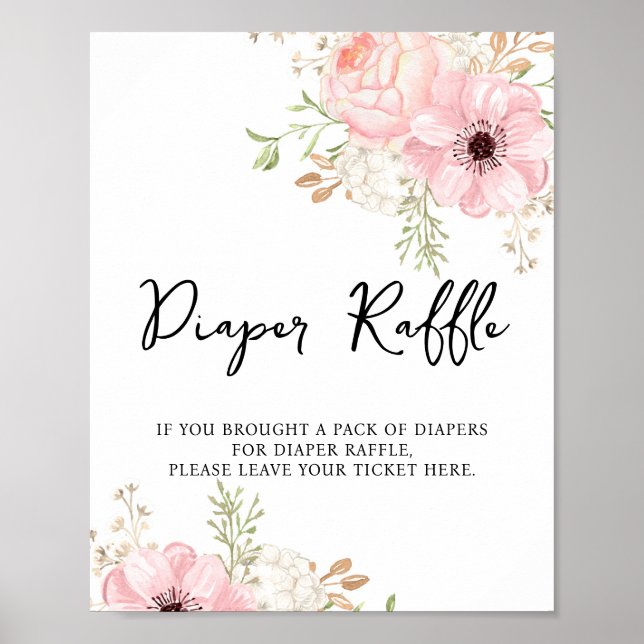 Pink Floral Diaper Raffle Baby Shower Poster (Front)