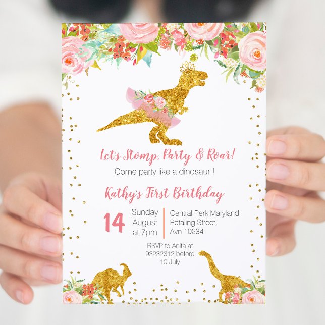 Pink Floral Dino Trex Birthday Invitation (Creator Uploaded)