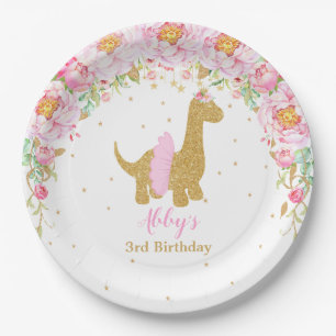 Pink Floral Dinosaur Birthday Party Brachiosaurus Paper Plate