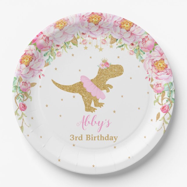 Pink Floral Dinosaur Birthday Party T-Rex 9" Paper Plate (Front)