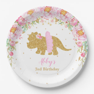 Pink Floral Dinosaur Birthday Party Triceratops Paper Plate