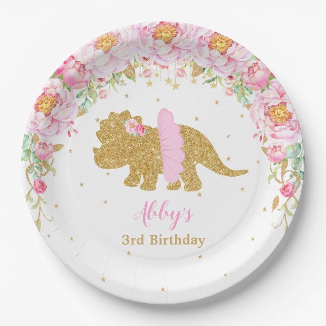 Pink Floral Dinosaur Birthday Party Triceratops Paper Plate (Front)