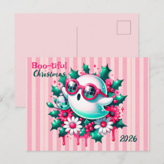 Pink Floral Disco Ball Ghost Christmas Postcard