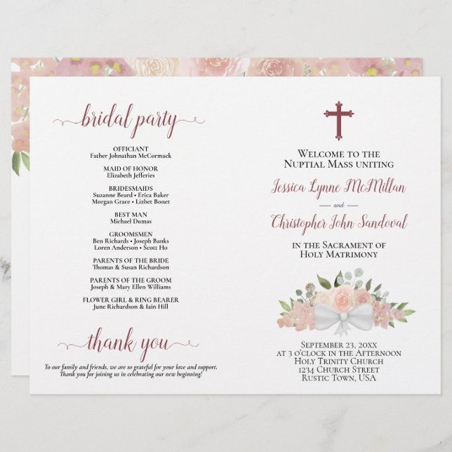 Pink Floral DIY Fold Catholic Wedding Program (Front/Back)
