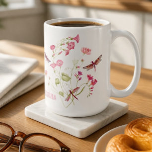 Pink Floral Dragonfly Personalised Mug